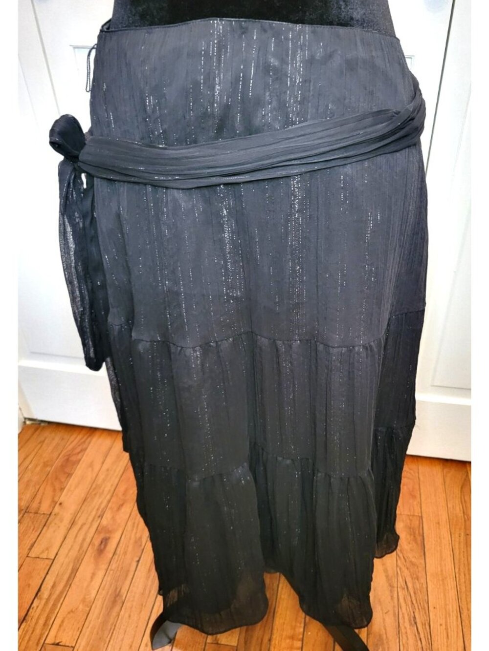 NWT Worthington Black Silver Stripe Sheer Tiered Midi Skirt 10P Whimsygoth Boho